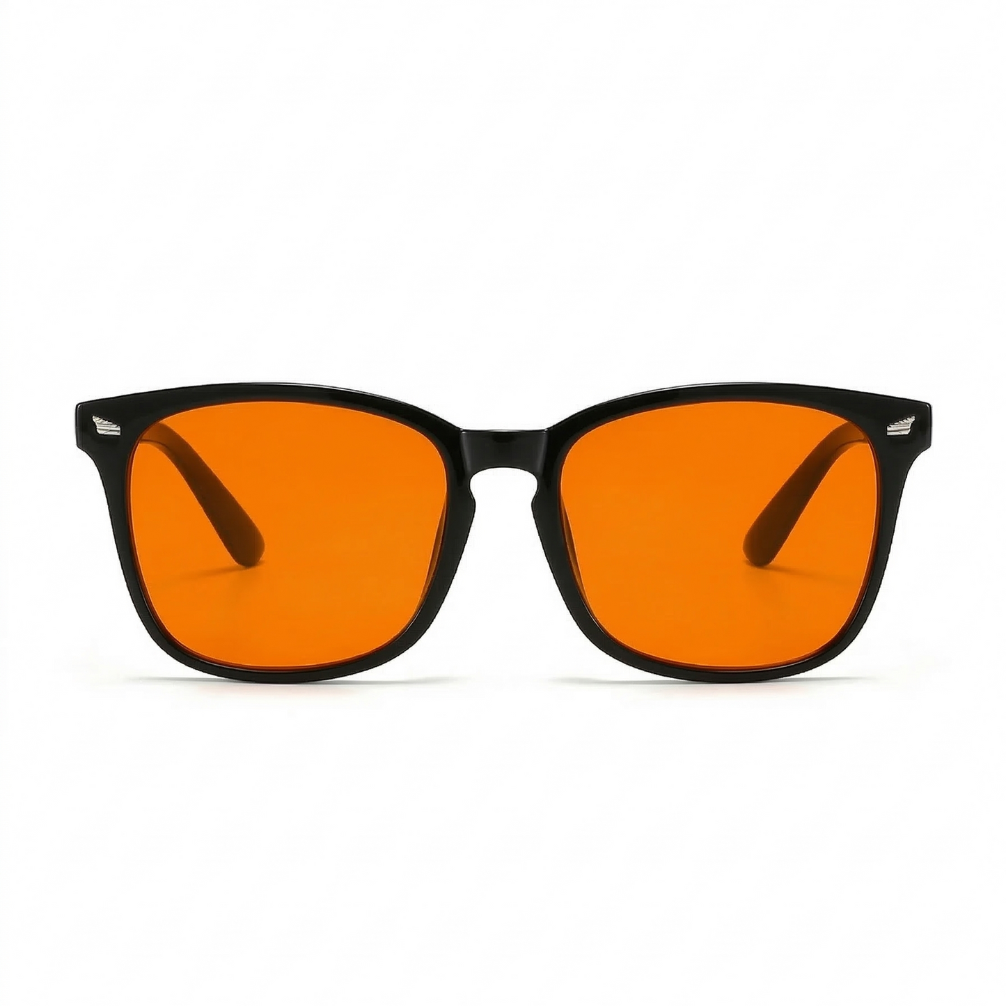 Glasses with black frames and orange lenses on a white background