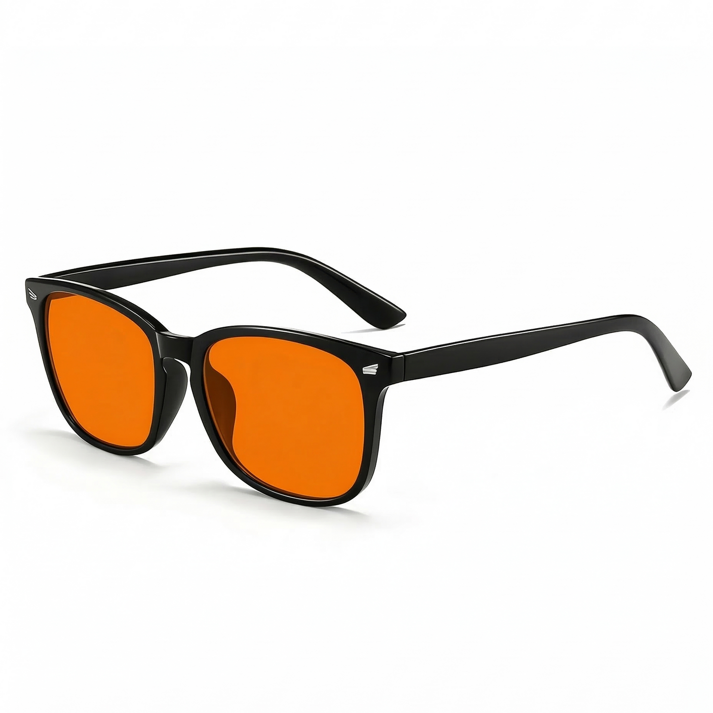Glasses with black frames and orange lenses on a white background