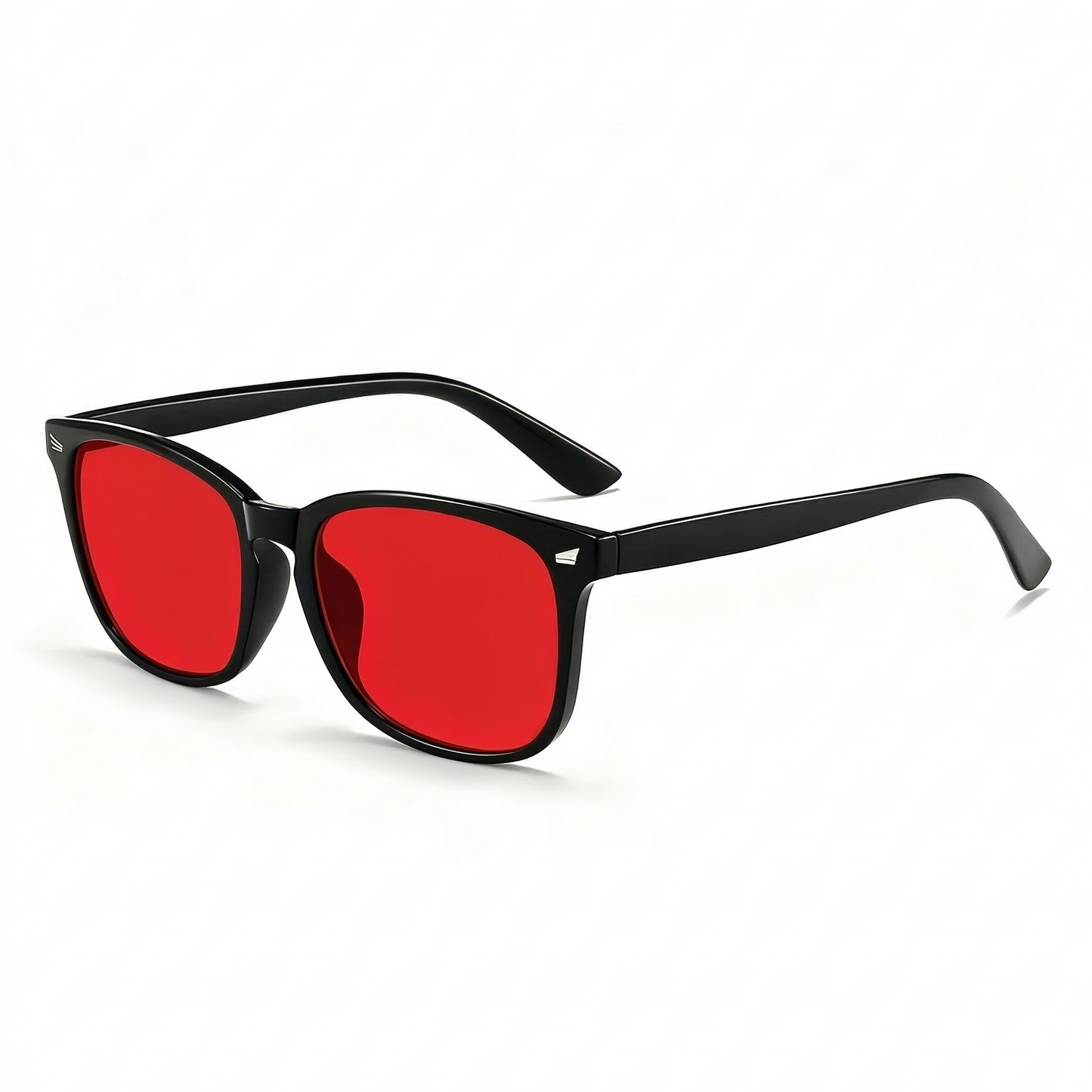 Black-framed glasses with red lenses on a white background