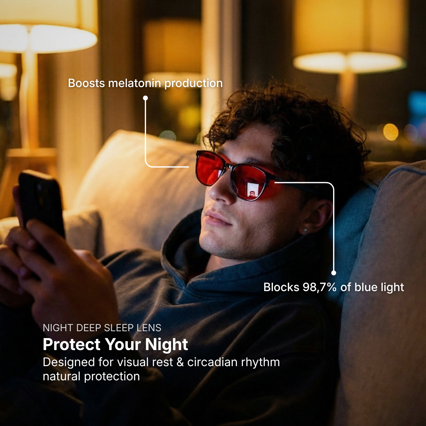 Person wearing red glasses and using a phone in a dimly lit room, with text about night deep sleep lenses.