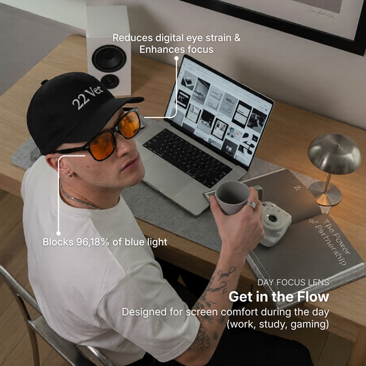 Person sitting at a desk with a laptop, wearing orange blue light glasses and a cap, with text about eye strain reduction and blue light blocking.