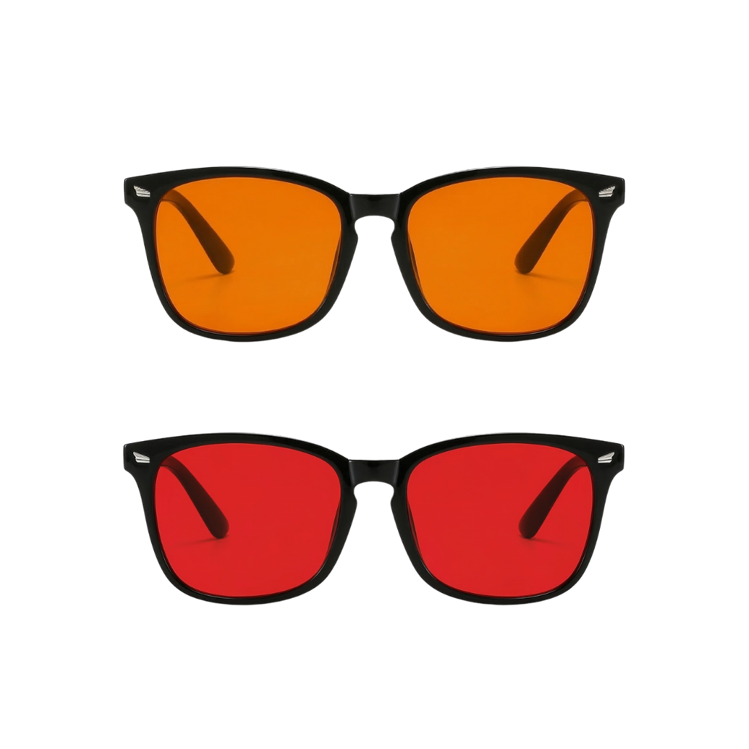Two pairs of glasses with orange and red lenses on a white background