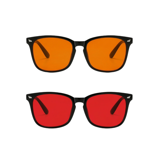 Two pairs of glasses with orange and red lenses on a white background