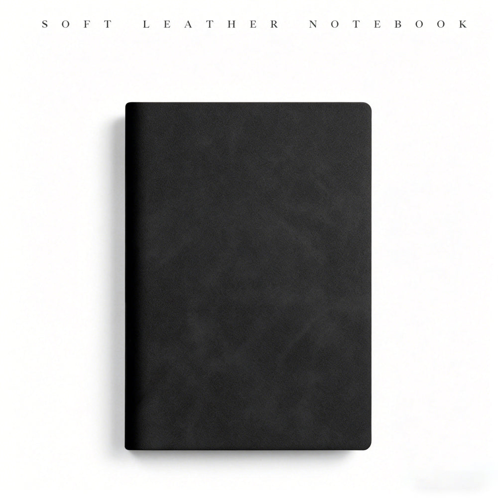 VEYRO Everyday Planner — minimal black A6 notebook with parchment-style leather cover on a white background