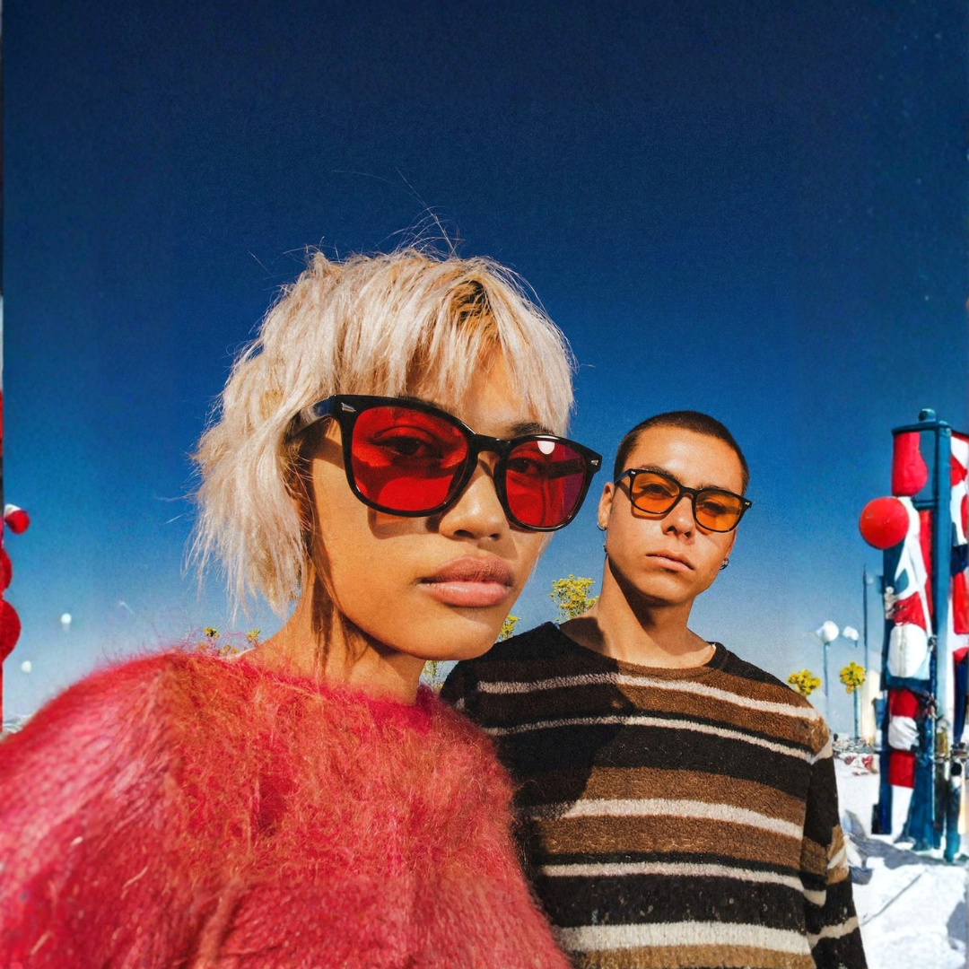 Two people wearing blue light blocking glasses with a blue sky and flags in the background