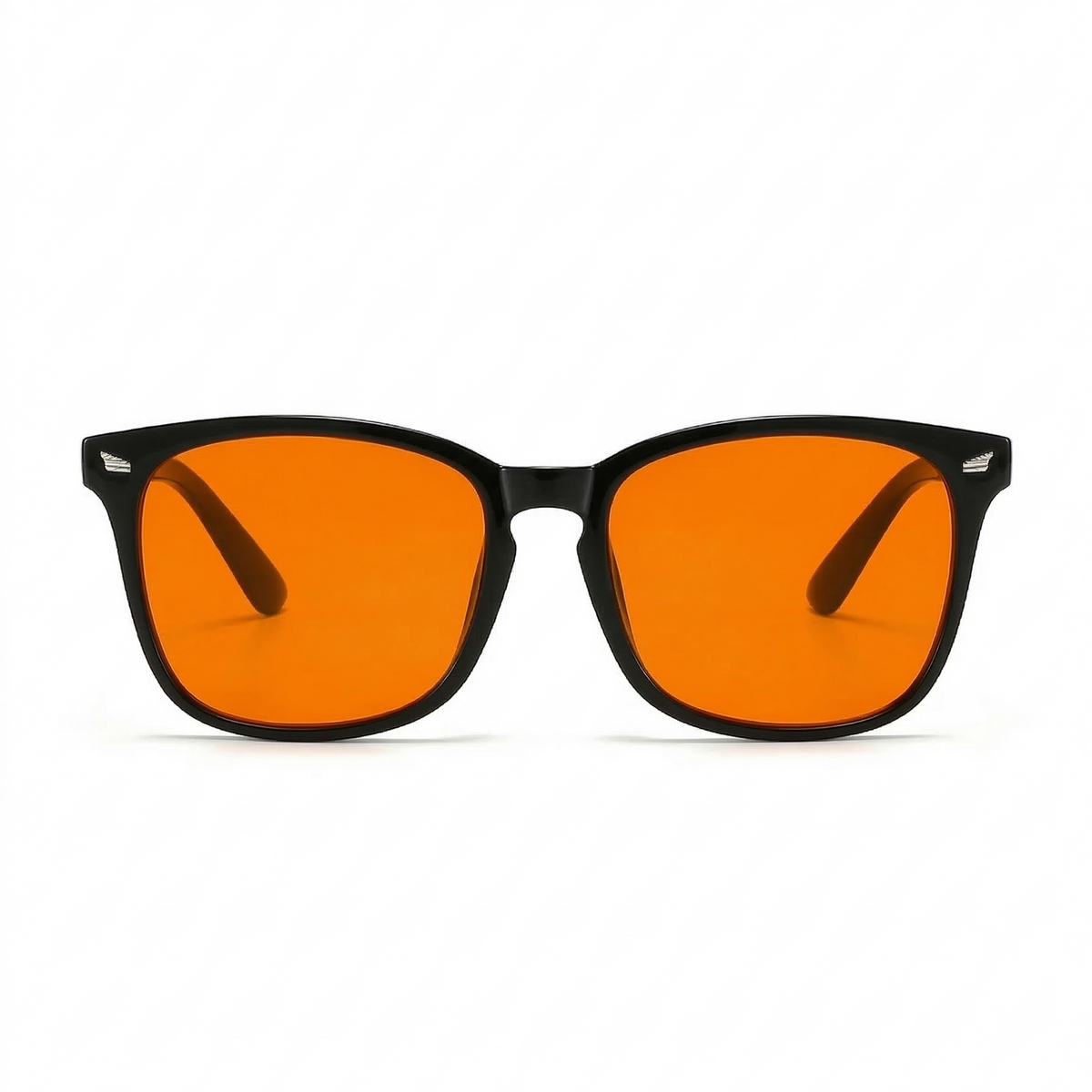 Orange day blue light blocking glasses with black frames frontview on a white background