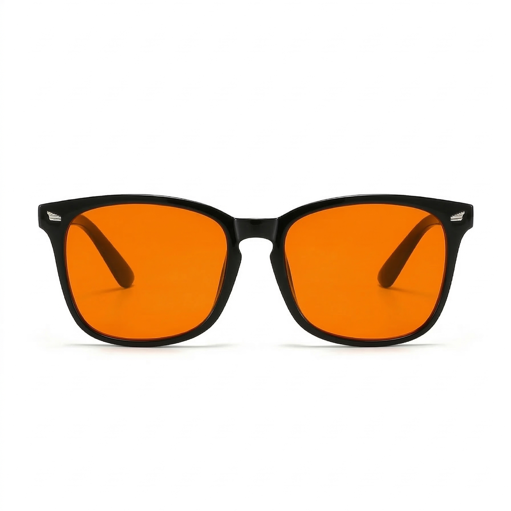 Glasses with black frames and orange lenses on a white background