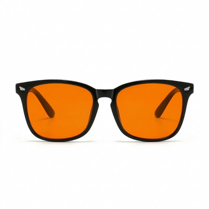 Glasses with black frames and orange lenses on a white background