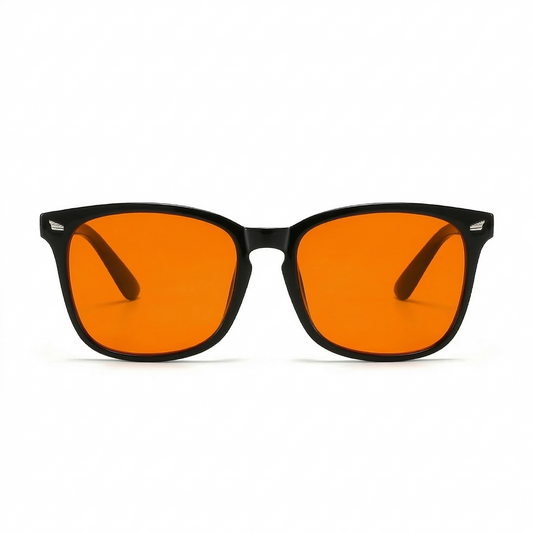 Glasses with black frames and orange lenses on a white background