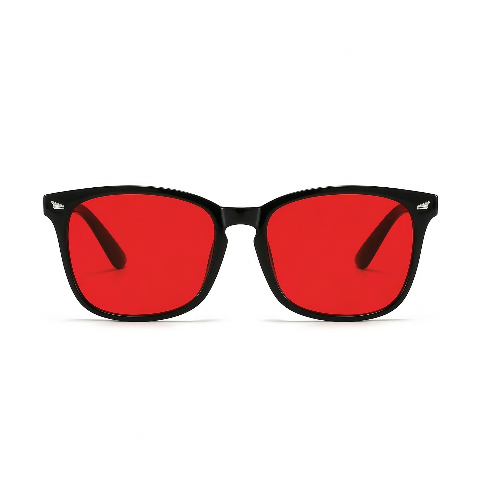 Glasses with red lenses and black frames on a white background