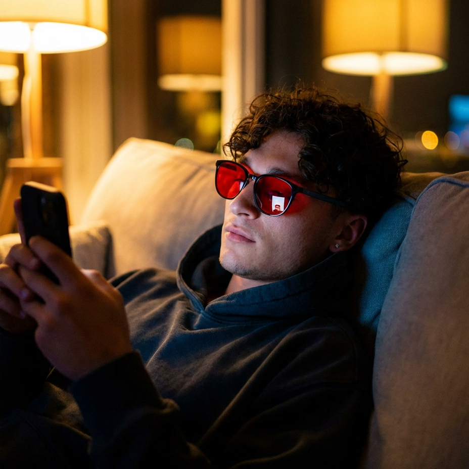 Man wearing red blue light glasses lying on a couch in a dimly lit room, looking at a phone.