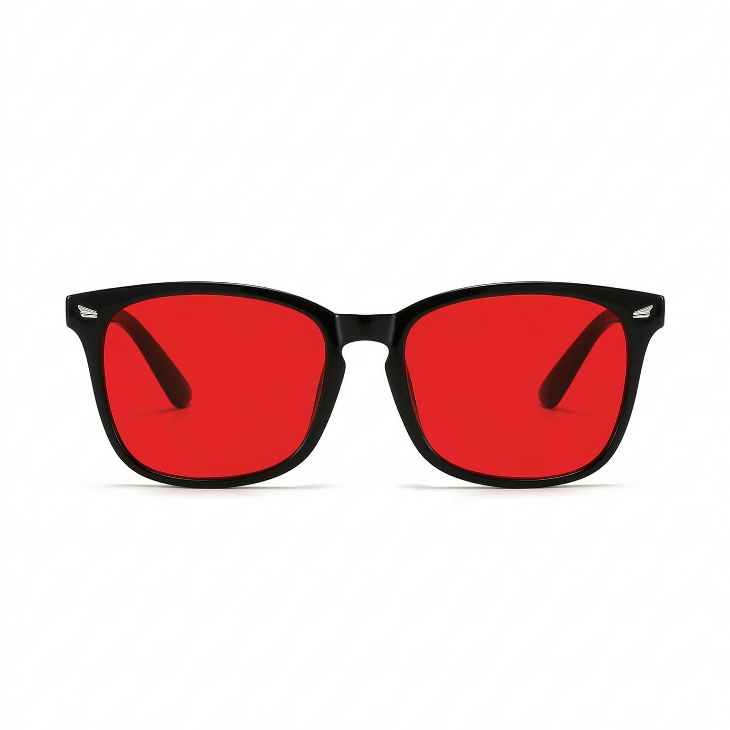 Red night blue light blocking glasses with black frames frontview on a white background