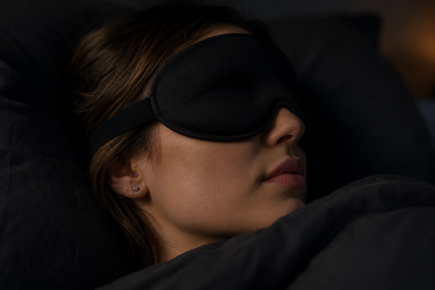 A woman lying in bed wearing a black sleep mask, shown in a dark, low-light bedroom setting.
