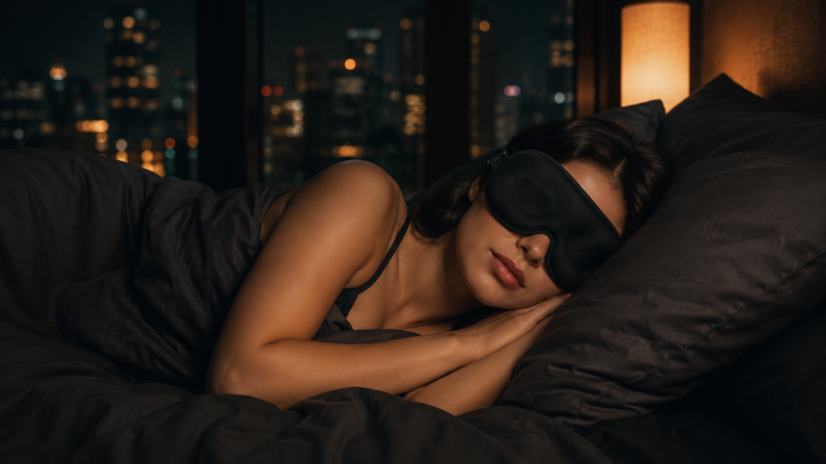 A woman wearing a black sleep mask rests in bed under dark bedding, with a softly lit nightstand lamp and a blurred city skyline visible in the background.