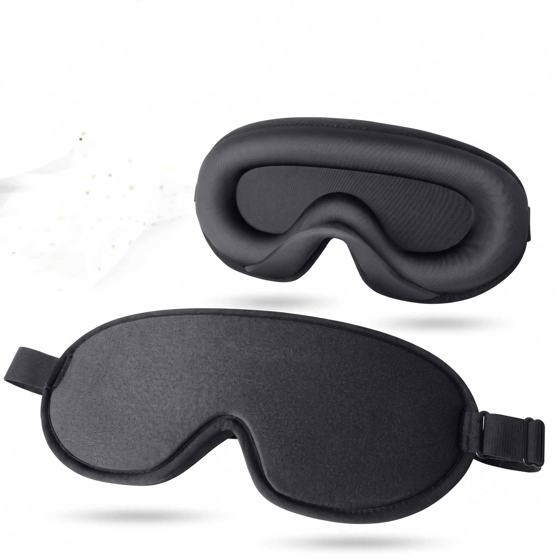Black sleep mask shown on a clean white background, front and back views.