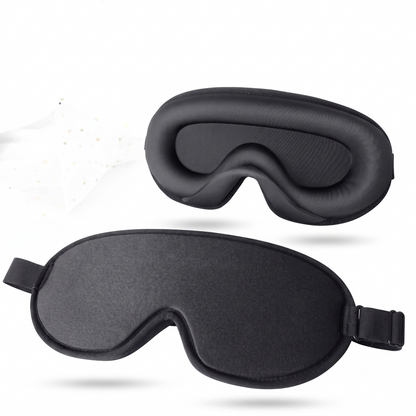 Black sleep mask shown on a clean white background, front and back views.