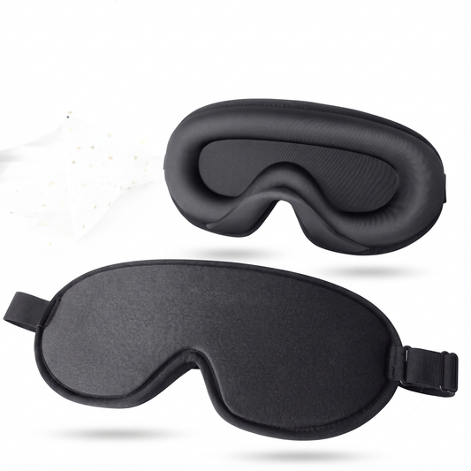 Black sleep mask shown on a clean white background, front and back views.